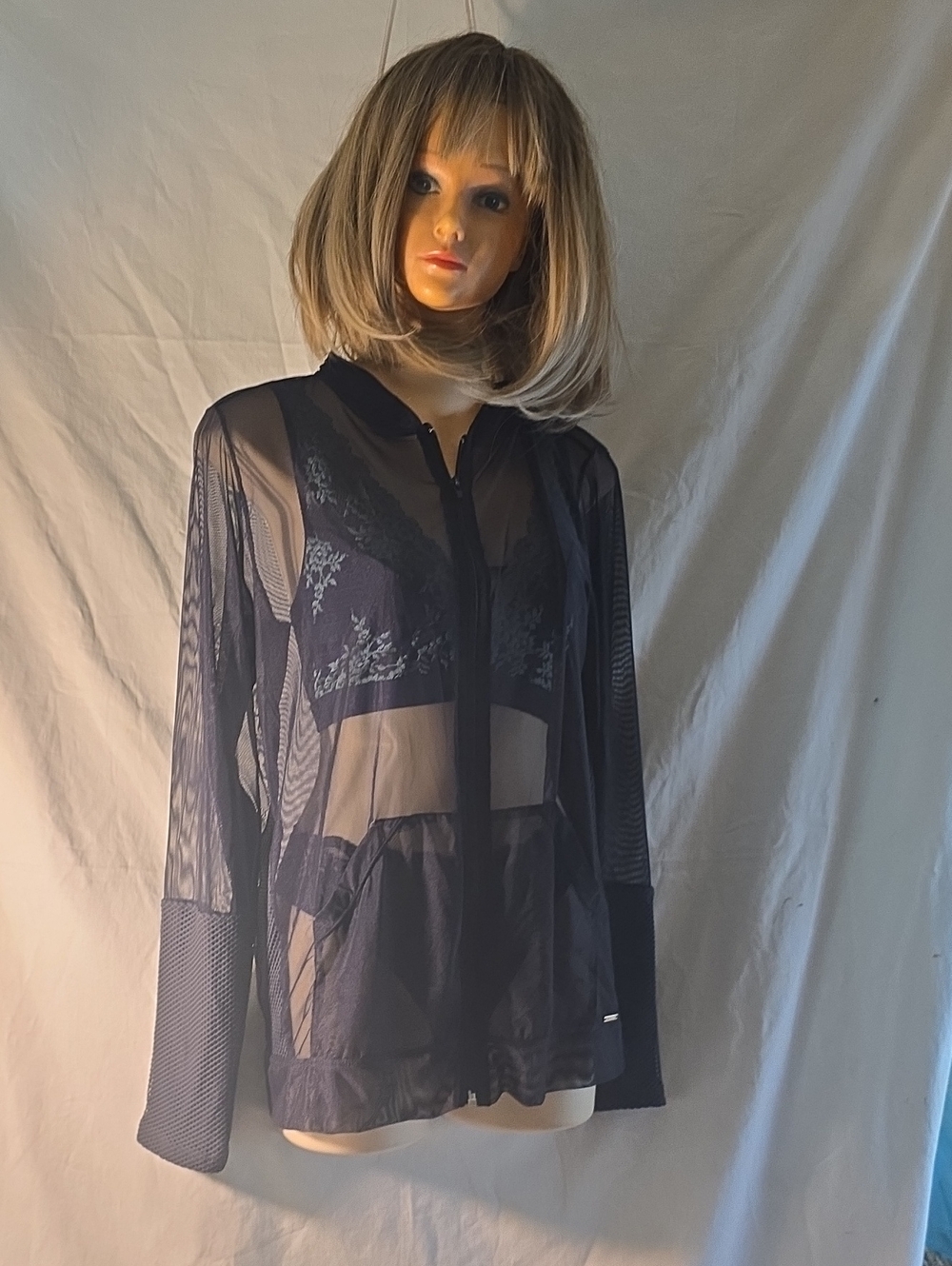 Sheer Navy Zip-Front Mesh Jacket with Lace Bralette
